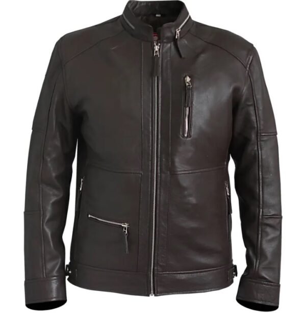 distressed brown leather biker jacket