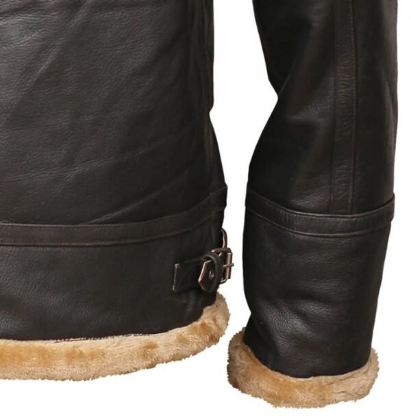 Men's brown genuine leather shearling jacket nearby