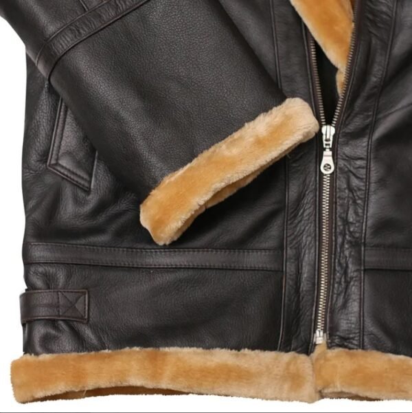 Men's brown genuine leather shearling jacket with hood